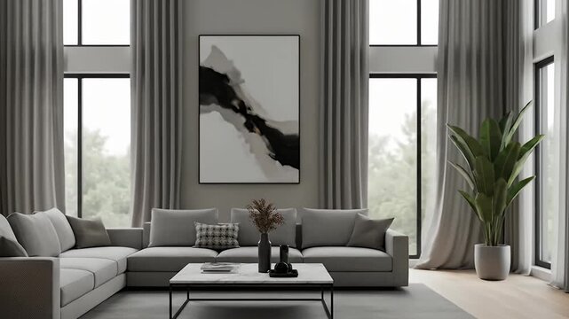A beautifully designed modern living room showcasing elegant minimalist decor and abundant natural light. The spacious interior features a large, comfortable L-shaped sofa, a stylish marble coffee tab