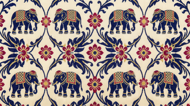 Ornate traditional Indian style blue elephant pattern with red flowers on cream woven fabric