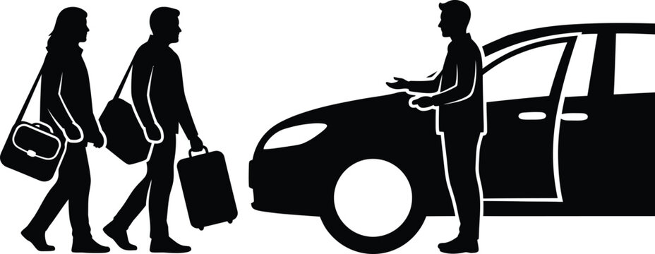 Taxi or Ride Sharing Service Silhouette Icon Passengers with Luggage Meeting Driver by Car Black and White Vector Graphic