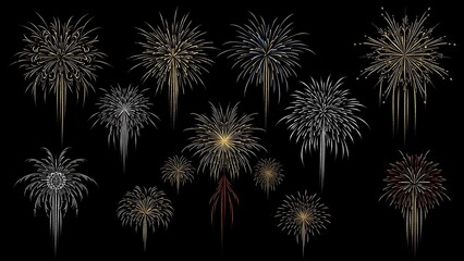 Collection of Diverse Fireworks Explosions on a Black Background.