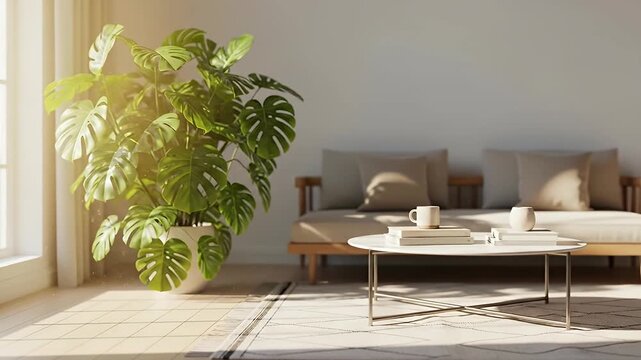 A beautifully lit modern living room interior features a large potted plant, a minimalist coffee table with books and mugs, and a comfortable sofa. Warm sunlight streams through a window, casting gent
