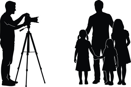 Professional photographer shooting a family portrait with father and three daughters black silhouette vector