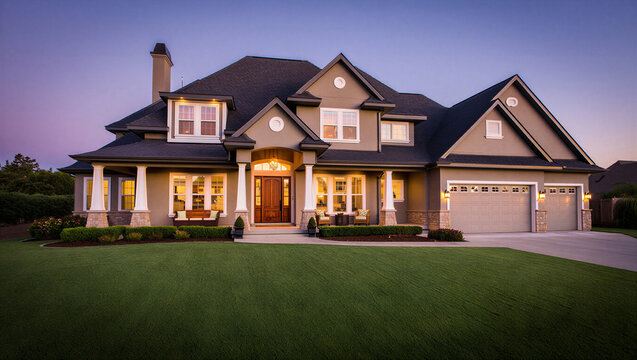 Large suburban home with porch and garage at dusk