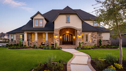 Luxury two story house with stone facade and large front yard
