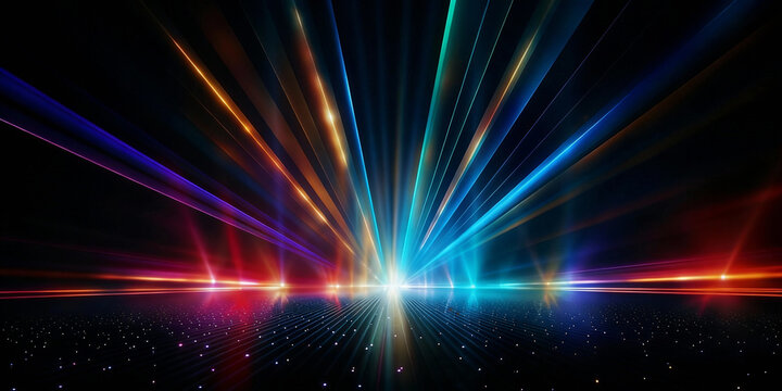 Radiating parallel neon light beams (cyan, blue, orange, red, purple) with central bright source and star-like particles&mdash;cyberpunk abstract digital art in dark tunnel perspective with luminous volumet