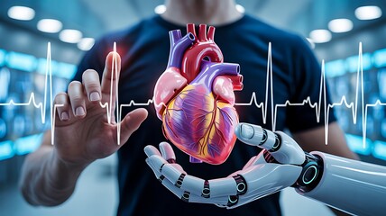 Advanced medical technology showing robotic hand holding human heart with digital heartbeat
