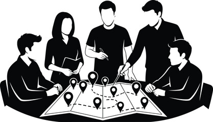 Business Team Planning Strategy on Map with Location Pins Black and White Vector Illustration