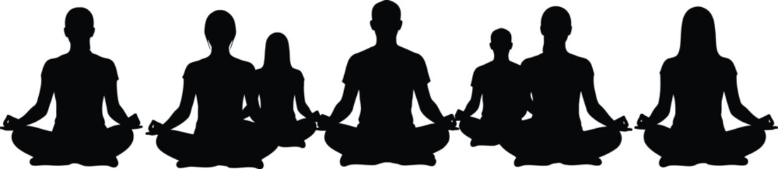 Group of people meditating in lotus pose silhouettes vector graphic illustration black and white