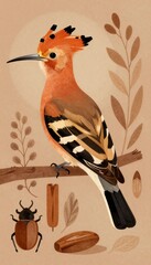 Spiced Coffee Background with Hoopoe Bird and Minimal Beetle Border