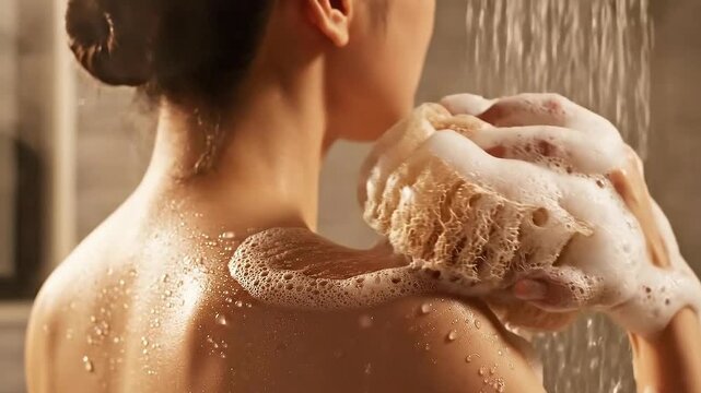 Woman's Back Being Scrubbed With Loofah Sponge Covered in Rich Lather Under Shower Stream with Water Droplets on Skin in Warm Ambient Lighting