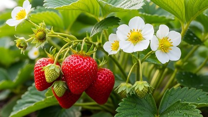 Fresh Strawberries and Blossoms in a Garden on a Sunny Day.