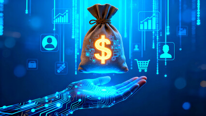 Digital finance concept featuring a glowing money bag held by a futuristic circuit board hand surrounded by data icons against a blue background
