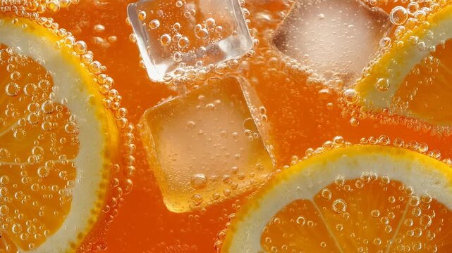 Orange pieces with ice cubes and fizzy carbonated water bubbles in glass summer cocktail drink macro