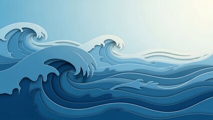 Dynamic Ocean Waves Illustration with Layered Paper Cut Effect.