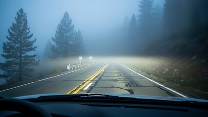 Driving through dense fog on a rural road.
