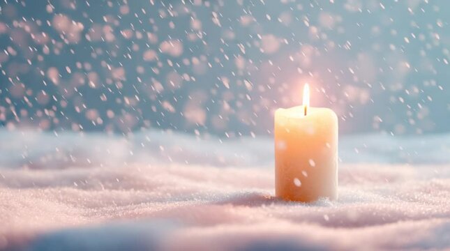 Candle in Winter Wonderland: A solitary candle casting a warm, inviting glow amidst a serene winter landscape, evoking feelings of peace, hope, and the tranquility of the season.