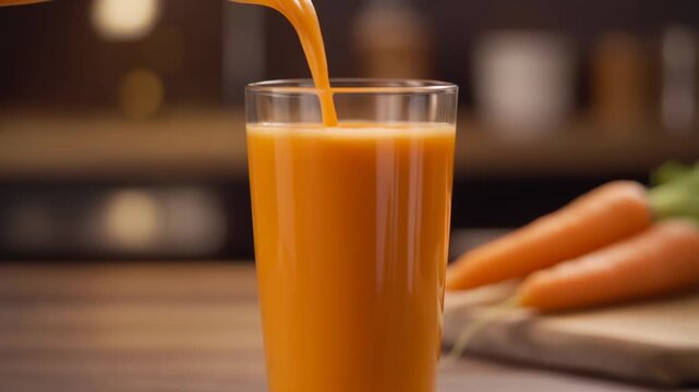 Pouring fresh squezzed carrot juice iinto glass. Healthy food, natural source of vitamin a. Slow motion