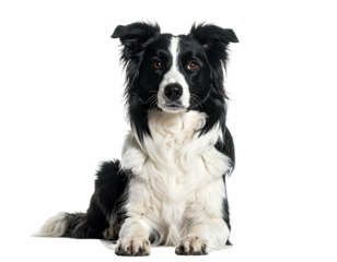 A black and white canine lies facing the viewer, against a black backdrop. The animal's fur is fluffy