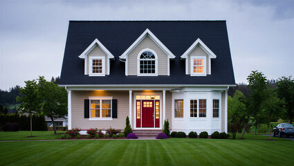 Suburban home with white trim and dark roof at dusk