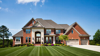 Large brick house with manicured lawn and gray roof ©  Blar Studio