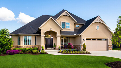 Beautiful suburban home with lush green lawn and landscaped garden