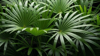 Fototapeta premium Lush Green Fan Palm Leaves in Tropical Forest.