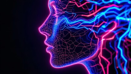Futuristic ai face profile with glowing blue and pink neural connections, symbolizing advanced technology and artificial intelligence concept