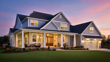 Beautiful suburban home at dusk with illuminated porch and garage