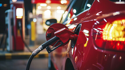 Fueling a Red Car at Night with Gasoline Pump in Background