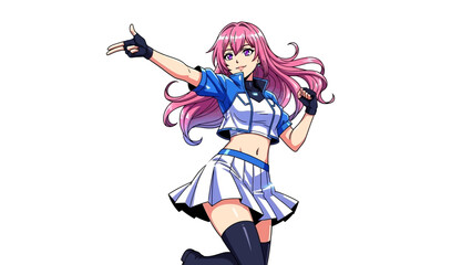 Obraz premium Anime girl with pink hair dancing energetically in stylish outfit