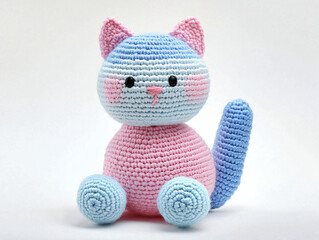 Cute and Colorful Crochet Cat Toy with Blue and Pink Stripes