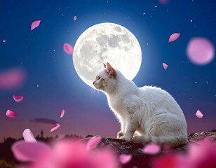 White cat under a full moon with pink petals and stars