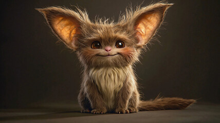 Cute Furry Creature with Large Ears Smiling Against Dark Background