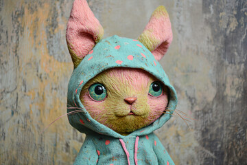 Cute anthropomorphic character in a colorful hoodie with big eyes