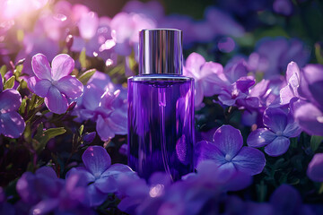 Elegant Purple Perfume Bottle Surrounded by Beautiful Purple Flowers