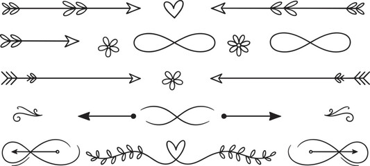 Hand drawn arrow divider doodles cad flat vector illustration hearts infinity symbols decorative line art separators set