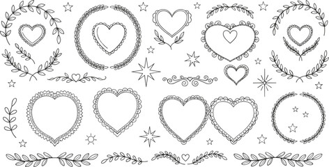 Hand drawn heart frames floral wreaths cad flat vector illustration decorative romantic line art elements collection design