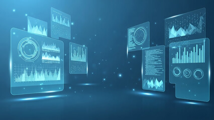 Futuristic digital dashboard with glowing blue graphs and charts