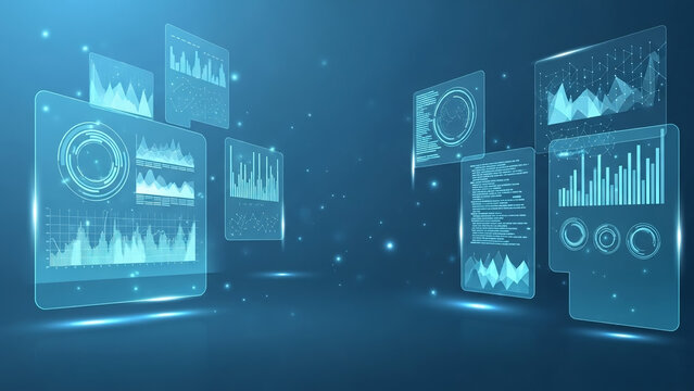 Futuristic digital dashboard with glowing blue graphs and charts - Powered by Adobe