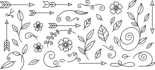 Hand drawn floral doodle arrows leaves cad flat vector illustration decorative swirl line art botanical elements set