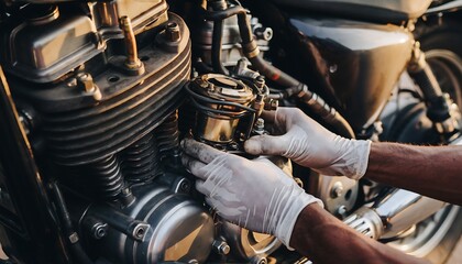 Close-up of male hands adjusting a motorcycle carburetor, fine mechanical tuning with visible metal parts, professional motorbike maintenance and engine performance optimization concept.