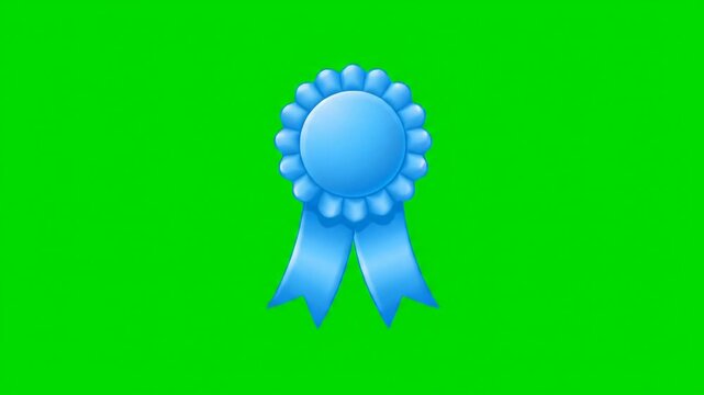 Blue award ribbon with decorative rosette and long tails on green background.