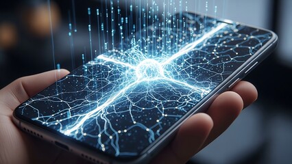 Hand holding smartphone with digital network and lightning effect.