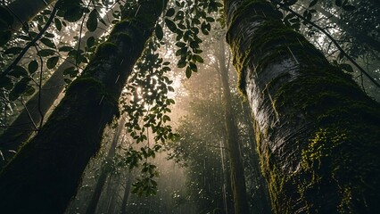 Sunlight filtering through the dense canopy of a lush forest.