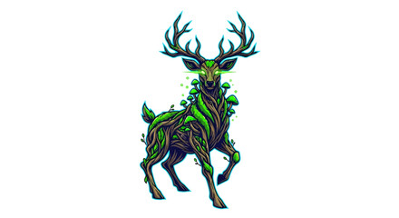 Fototapeta premium Vibrant mystical deer with glowing green markings and tree roots
