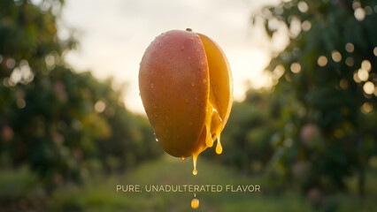 Juicy fresh mango with liquid dripping in an orchard setting for vibrant healthy fruit imagery