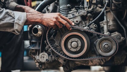 Obraz premium Close-up of male hands replacing an engine belt, detailed automotive repair process with tools and pulleys visible, professional mechanical maintenance for vehicle performance.
