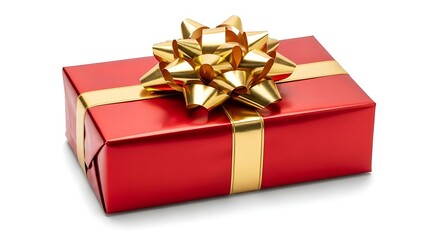 Fototapeta premium A beautifully wrapped red gift box with a golden ribbon and bow.