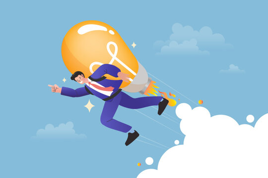 Businessman flying with lightbulb rocket jetpack representing creative innovation and startup launch. A concept of accelerating business growth, driving smart idea power, and future success.