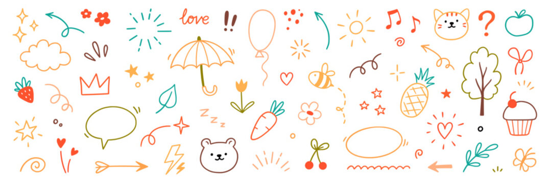 Cute kid element set. Hand drawn scribble heart, flower and cloud elements for a cute line simple kid background. Doodle drawn sketch heart, star, cloud cartoon sticker shapes. Vector illustration